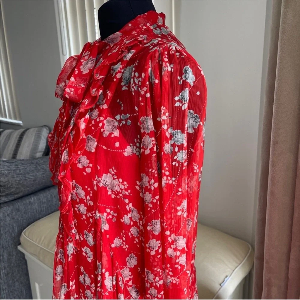 The kooples Red Floral Long Sleeve silk chiffon Dress S - Picture 6 of 9